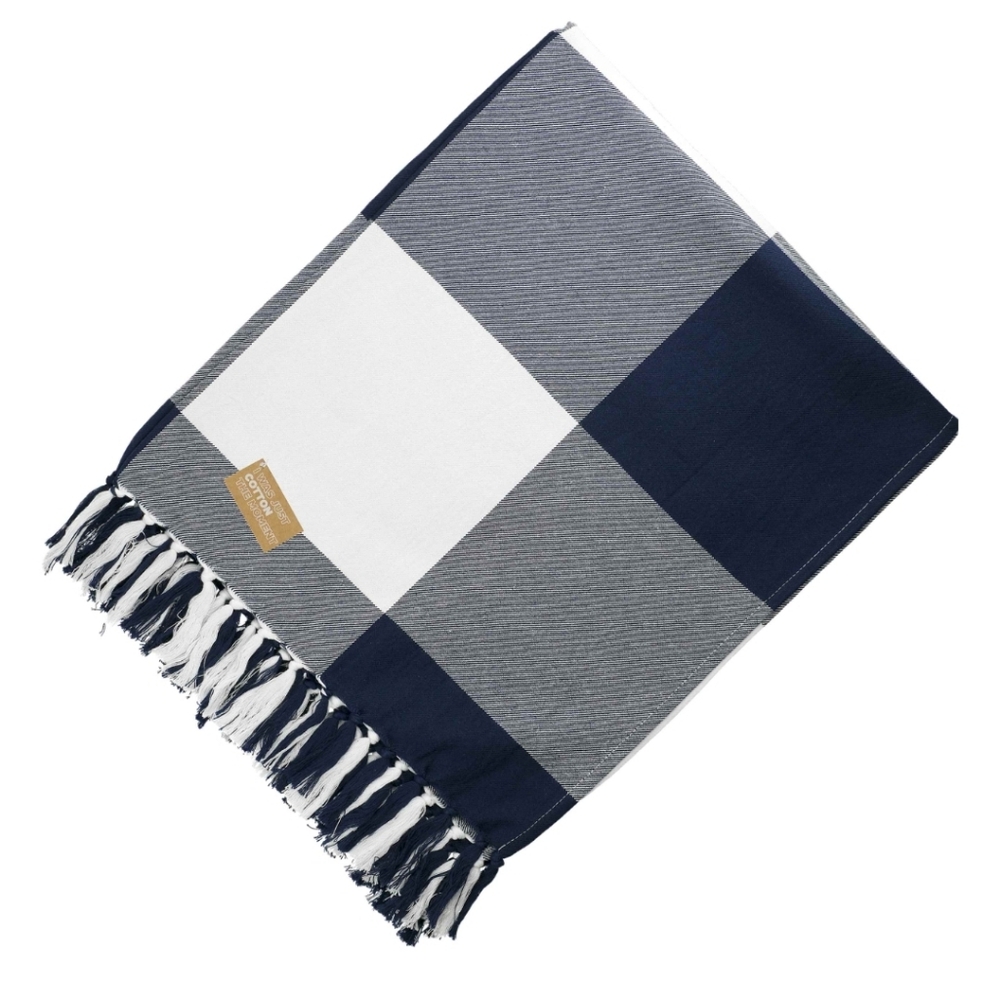 NWT 100% Organic Cotton Check Throw Blanket Navy White Colour Fringe Detailing